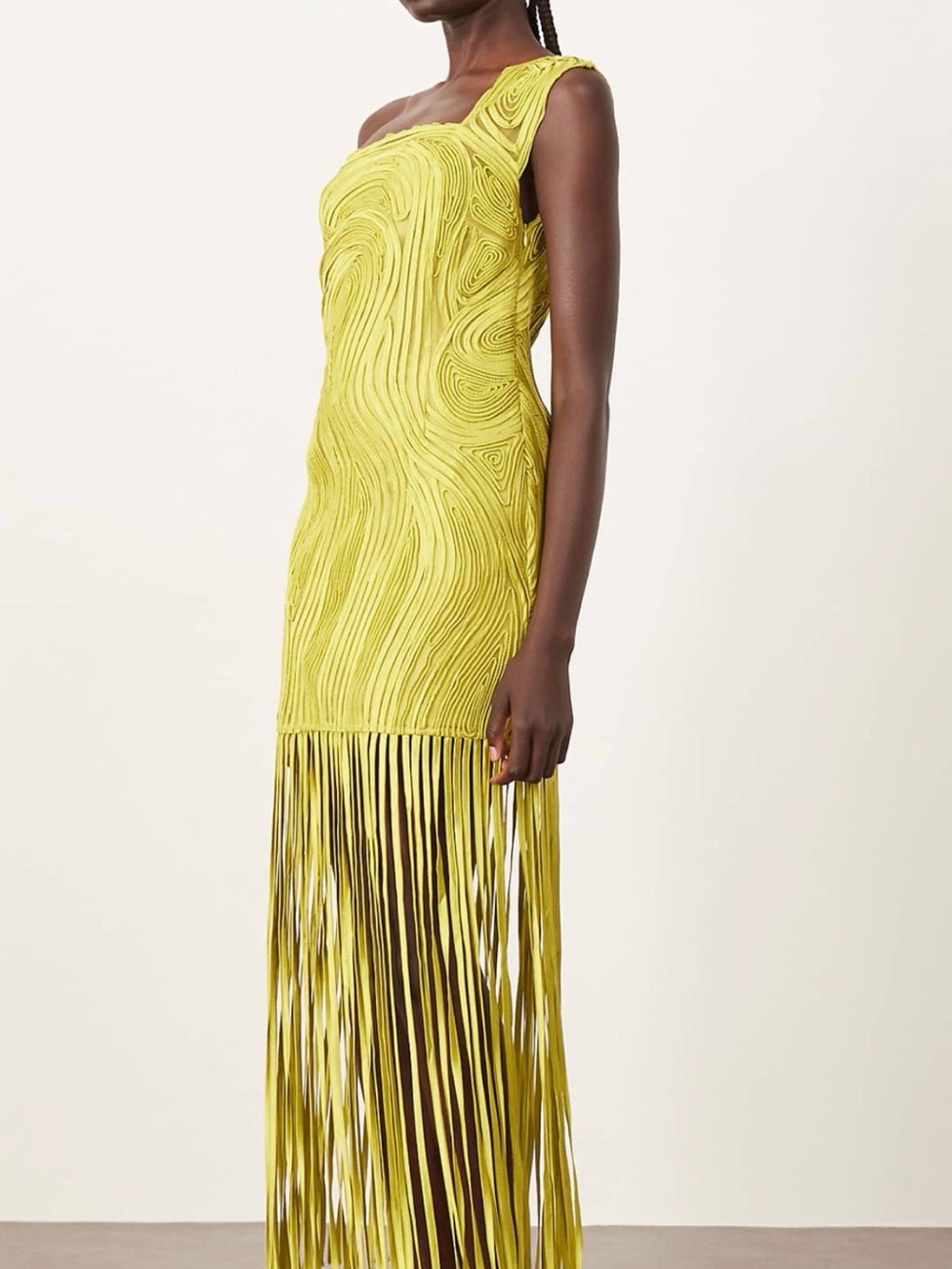 Asymmetric One-Shoulder Fringe Evening Dress in Lemon